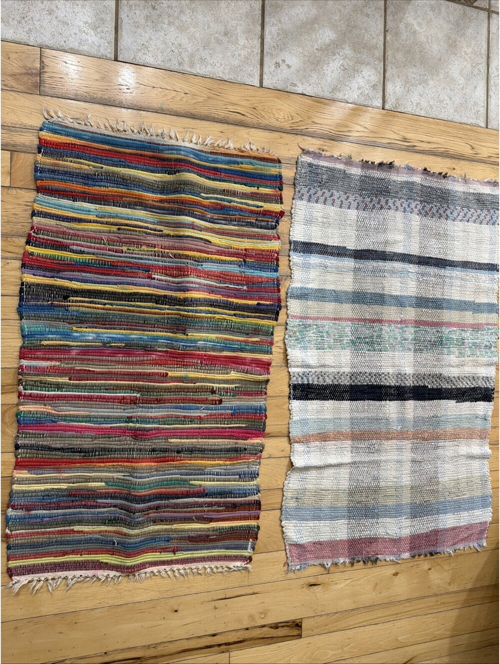 Lot 2 VTG Rag Rug Rainbow Colorful Area Throw Rustic Farm Country Washable